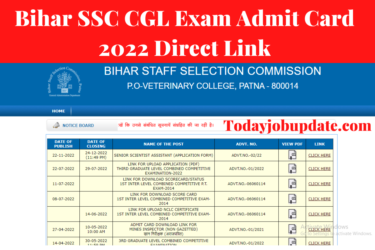 Bihar SSC CGL Exam Admit Card 2022 Direct Link